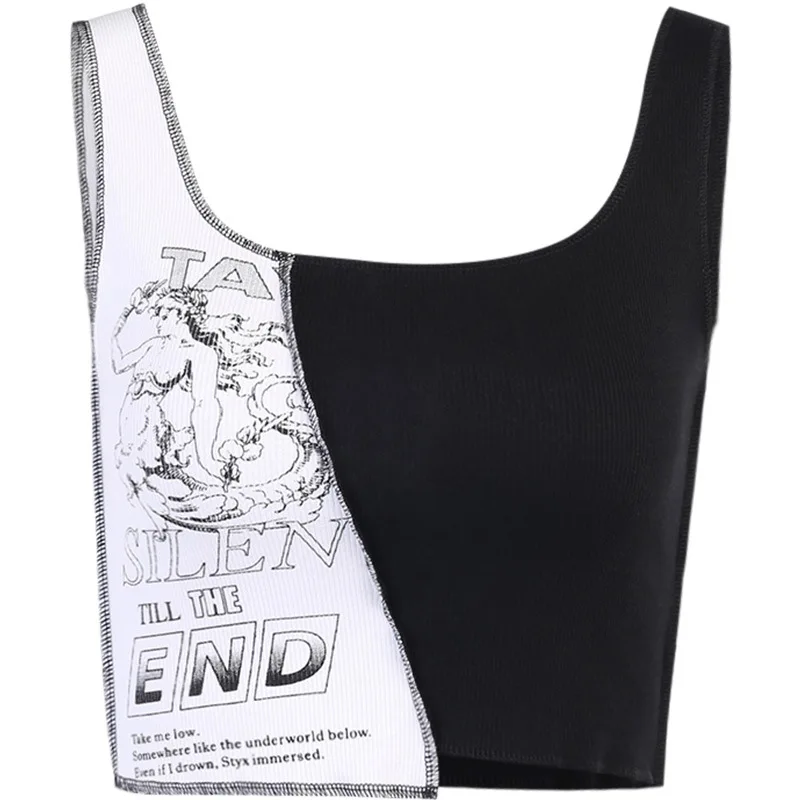 

Gothic Style Patchwork Tank Tops Aesthetic Letter And Graphic Print Women Crop Color Blocking Sleeveless Streetwear Women