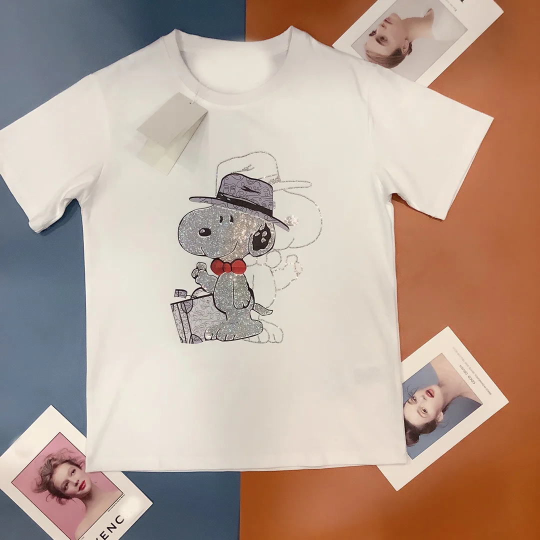 

2021 women's summer new high quality casual cotton sequins embroidered o -neck cartoon European and American fashion T-shirt