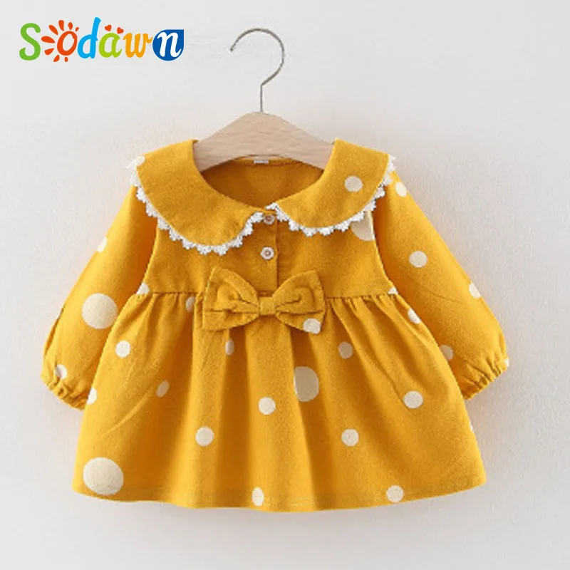 Детское платье в горошек Sodawn осенне-зимнее с длинными расклешенными рукавами для