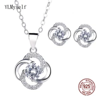 real solid 925 silver necklace earrings set setting shiny round zircon luxury 2pcs fine jewelry for women