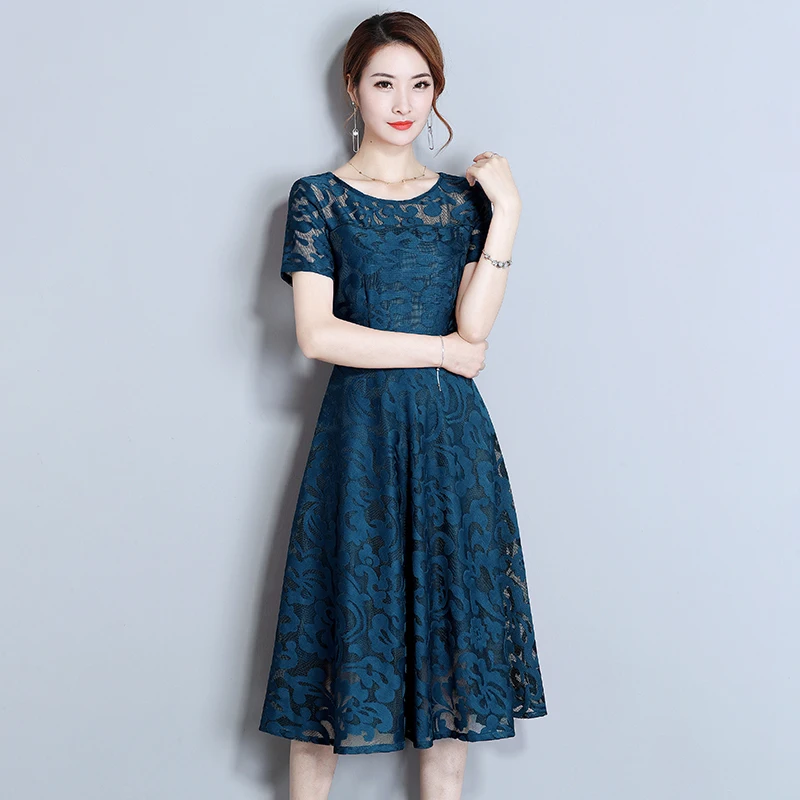 

2021 summer new hollow lace dress large size women's pure color mid-length slim dress female high quality