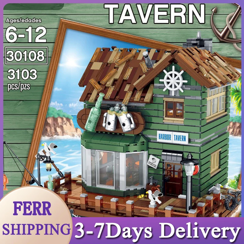 

Urge MOC 30108 City Street Creative Series Fisherman's Bar Model Kit Building Blocks 3103pcs Bricks Children's Toys