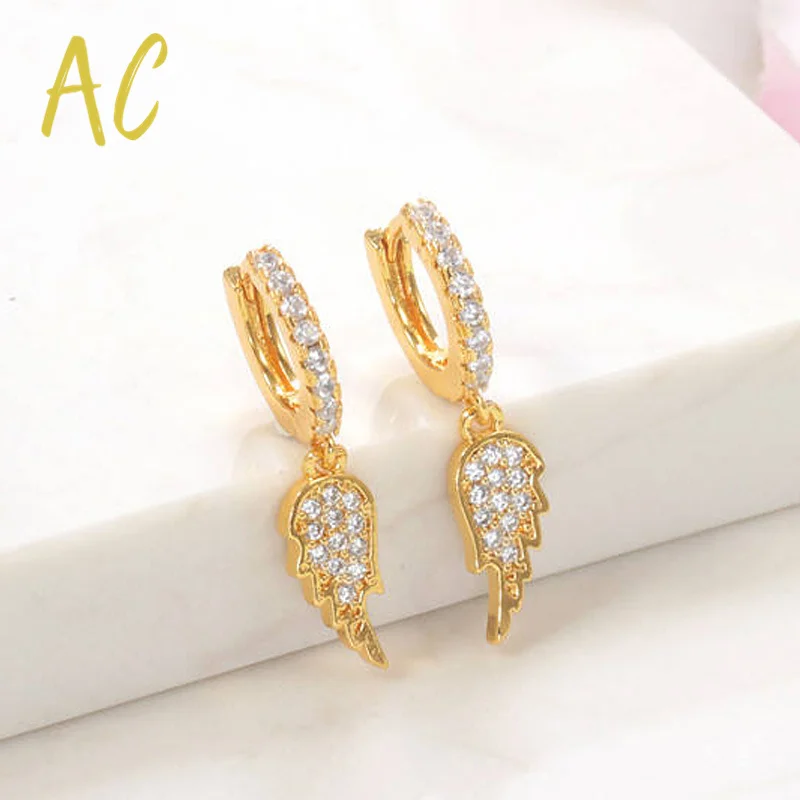 

Mini Feather Hoop Earrings Shining White Zircon Small Women's Earrings 2022 New Gold Plated Fashion Wings Drop Ear Jewelry
