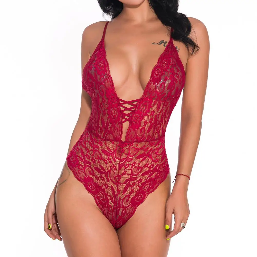 

Women Sexy Solid Color See Through Deep V Lace Temptation Bodysuit Sleepwear Regular Size See Through Female Bodysuits