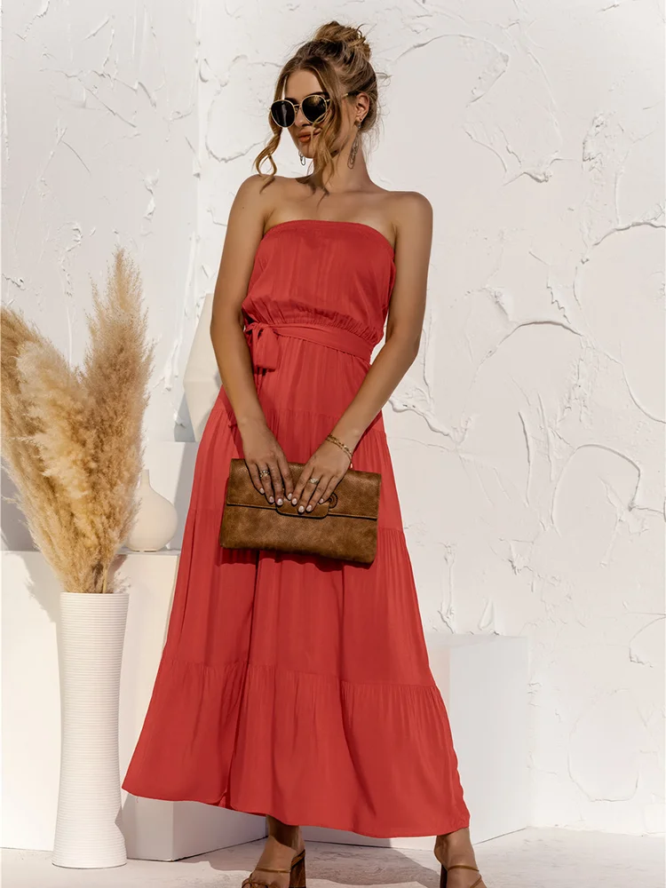 

Женское летнее платье без рукавов, без бретелек, трапециевидная длинная юбка средней посадки, Женская Повседневная однотонная пляжная юбка...