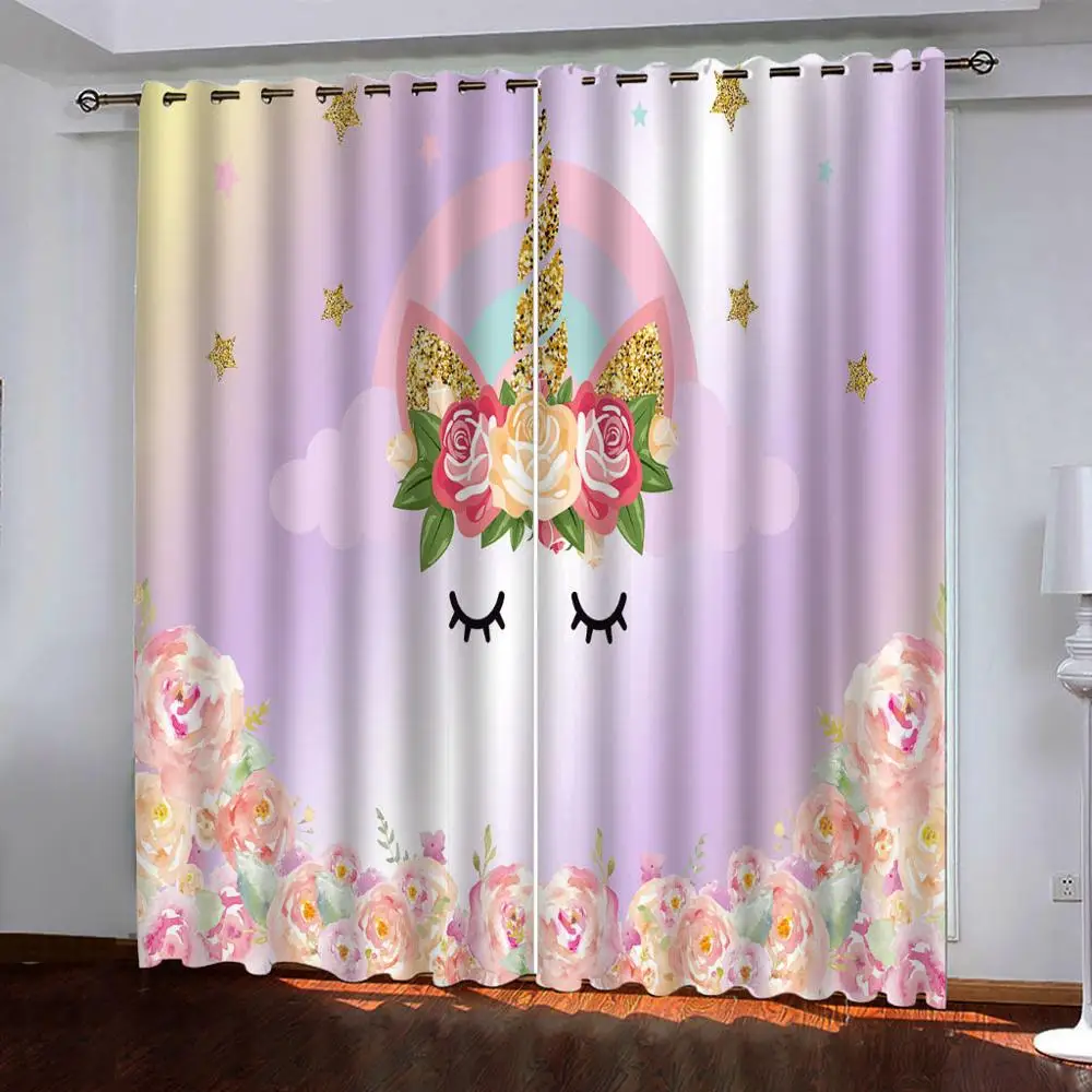 

3D Unicorn Flower Windows Curtains Thicken Living Room Bedroom Decorative Kitchen Curtains Drapes Treatments Customize dropship