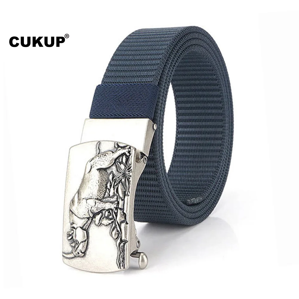 

CUKUP Unique Design Rhinoceros Pattern Buckles Metal Men's High Quality Nylon & Canvas Belts Men Accessories 3.5cm Width CBCK260