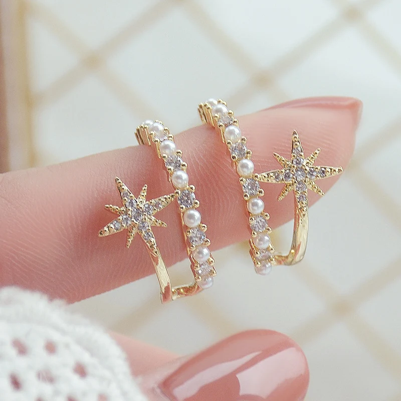 

Изысканный из 14-каратного золота с геометрически жемчужинами цирконами, серьги со шпилькой, для женщин, французский Стиль ювелирные издели...