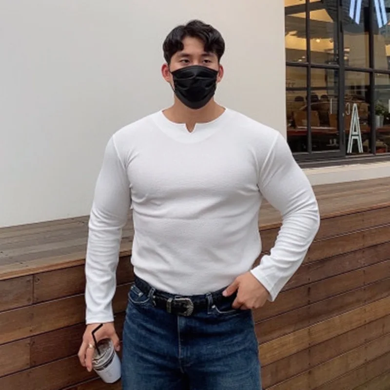 

Spring and summer V-collar thin style long-sleeved men's elastic tight cotton t-shirt fitness muscle round-collar casual shirt