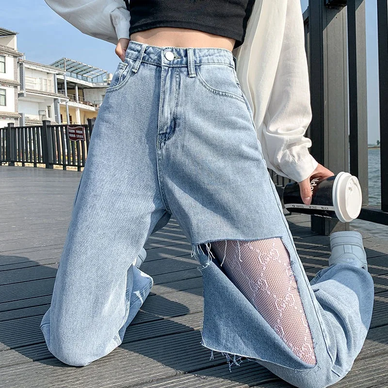 

Женские джинсы с высокой талией и широкими штанинами, синие джинсовые брюки с дырками в уличном стиле, винтажные Качественные прямые джинсовые брюки для женщин, лето 2021