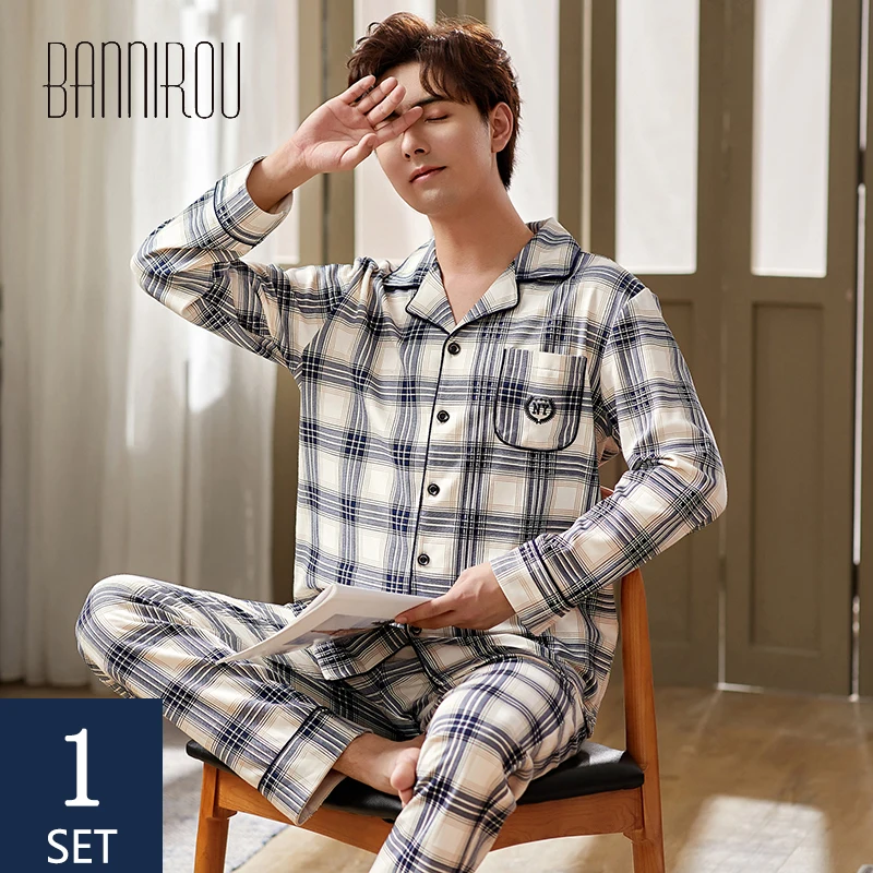 

BANNIROU Pajamas Men Cotton Men's Pajamas Male Pijama Spring Sleepwear For Man Grid Pyjamas Men's Home Clothes pajamas For Men