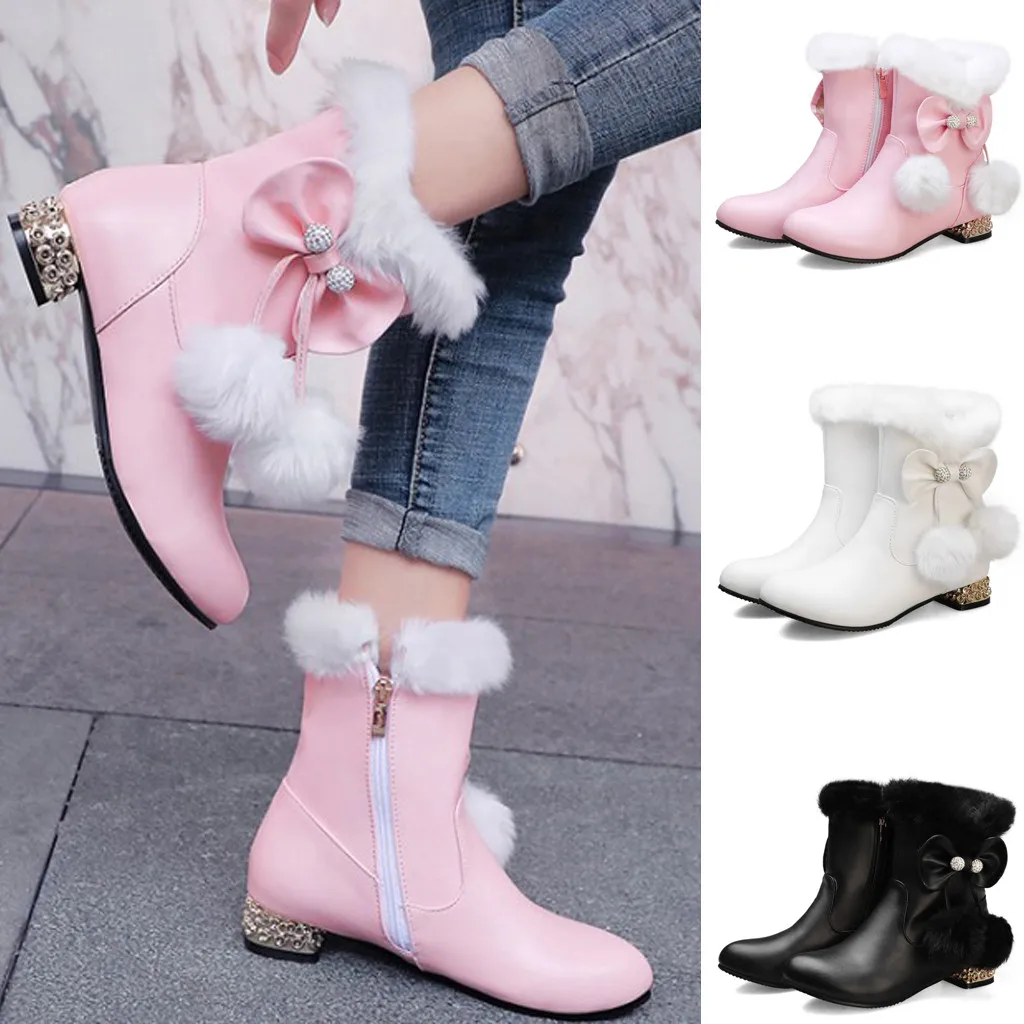 

Sweet cute boots ladies solid color bow large size female boots casual fashion women's hair ball large size boots