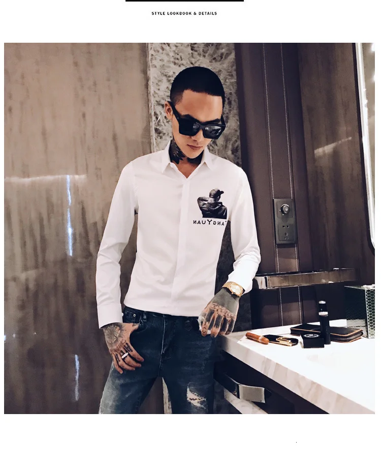 Осенняя мужская рубашка с принтом Camisa Hombre Повседневная приталенная рубашка Мужская Уличная рубашка Camisas Hombre черный смокинг для ночного клуба