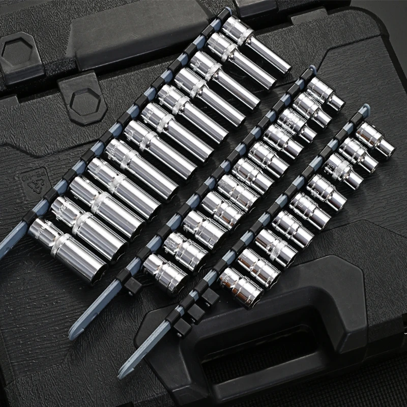 

1/2 Inch Driver Hex Deep Socket Set With Bracket Socket Set For Ratchet Wrench Car Repair Tool Nut Removal Manual Tool