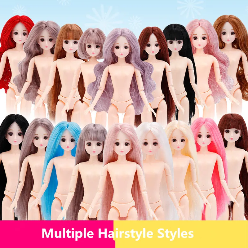 

New 30cm Bjd Doll Fashion Nude Doll Doll 20 Joints Movable 3D Eyes Brown Gray Mid-length Wig 19 Dolls DIY Dress Up Girl Toy Gift