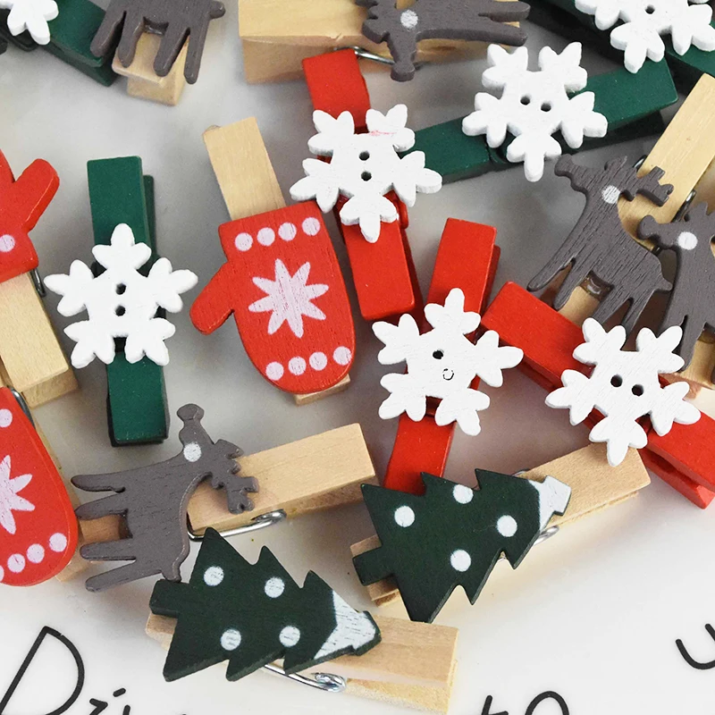 20Pcs/Lot Christmas Tree Elk Goves Wood Clips Snowflake Mini Wooden Clothes Photo Frame Paper Peg Pin Clothespin Craft | Дом и сад
