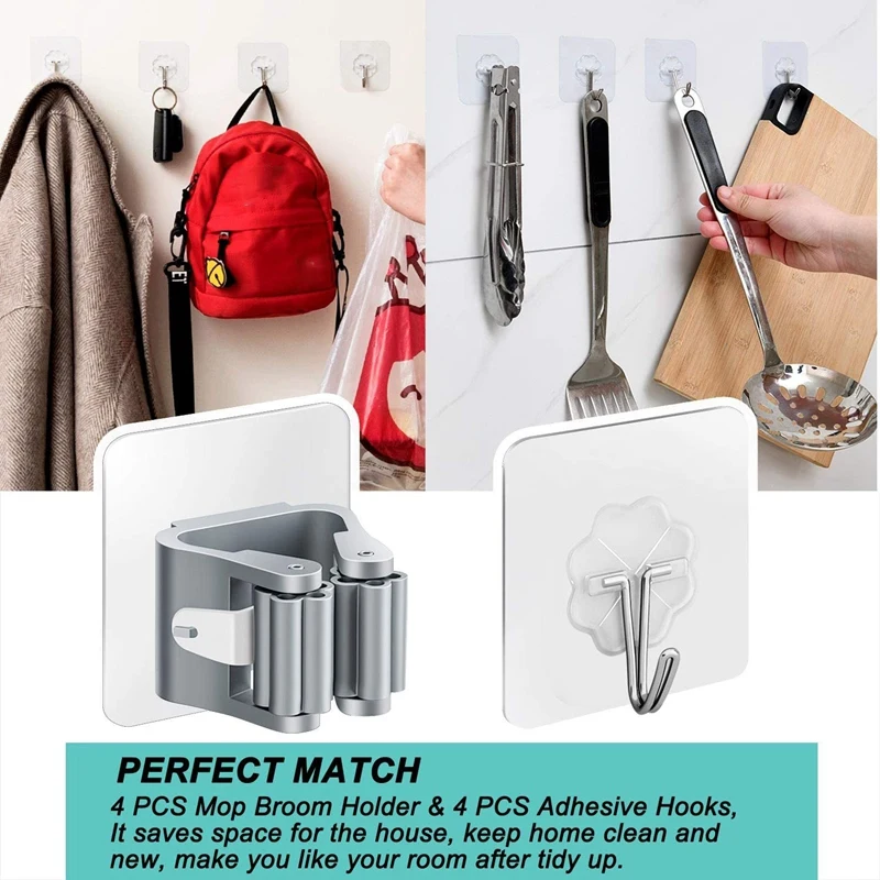 Набор из 8 держателей и крючков для швабры настенный захват метлы самоклеящийся