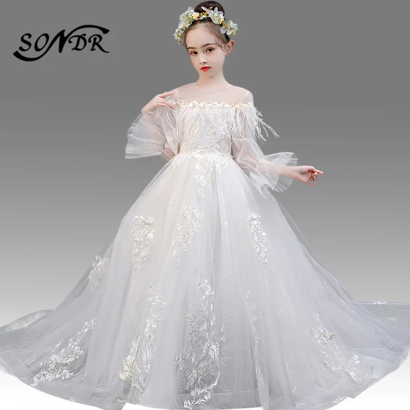 Белое свадебное платье с цветами для девочек HT138 кружевные Детские платья