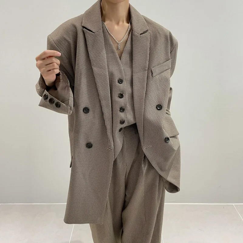 

Office Lady Blazer Suit Vintage Two Piece Set Women Long Sleeve Loosen Plaid Blazer + High Waist Wide Leg Pants 2 Piece Outfit