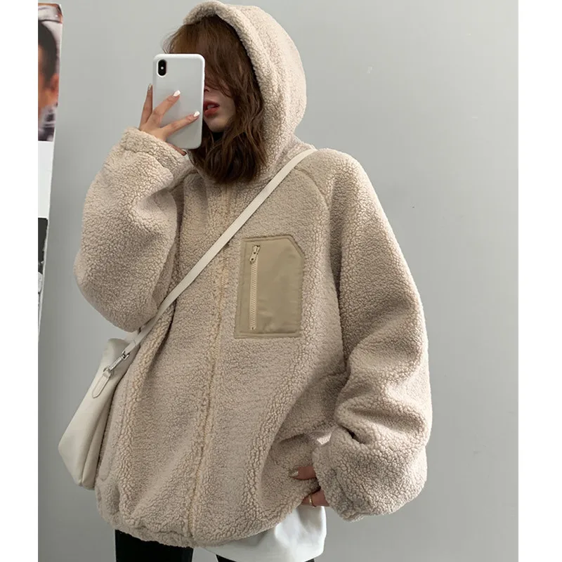 

Шерстяное пальто из овечьей шерсти, Женская осенне-зимняя новая стильная свободная и плотная куртка средней длины из флиса для женщин