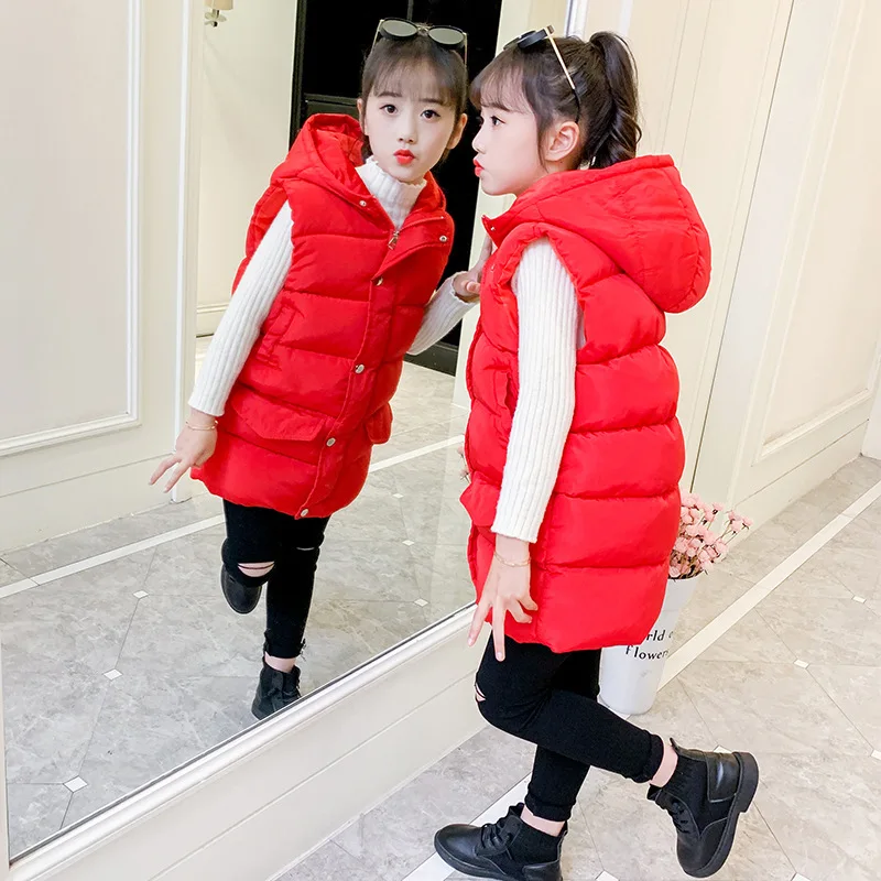 Autumn Spring Children Mid-length Sleeveless Hoodies Jacket Kids Casual Hooded Waistcoat Girls Boys Thick Warm Long Vest Outwear