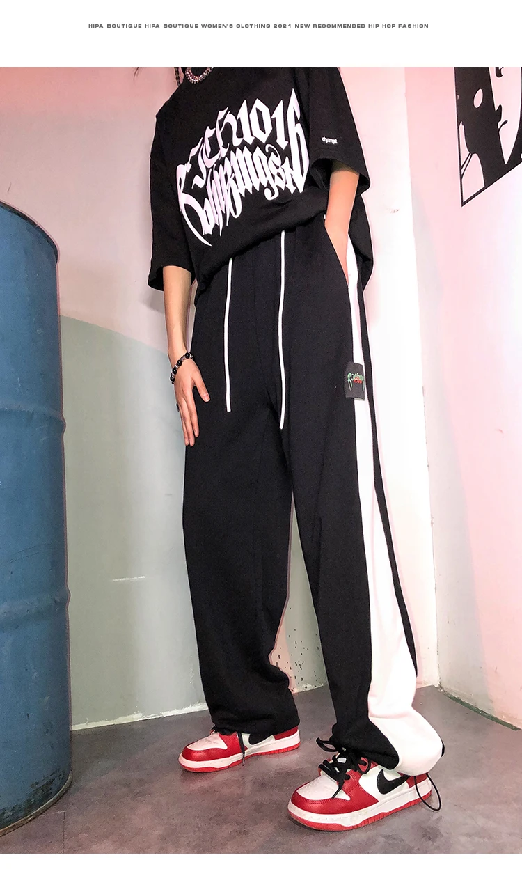 Hip Hop Style Women Black Trousers Harajuku Patchwork Straight High Waist Streetwear Loose Casual Vintage Fashion Pants Korean
