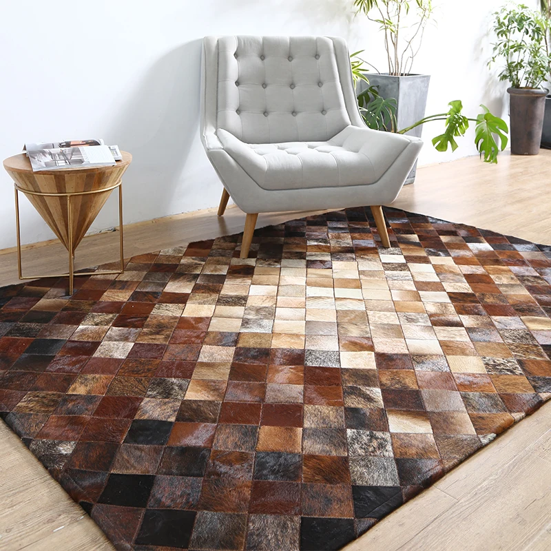 

American style luxury natural brown color cowhide patchwork rug , genuine calfskin fur chequer carpet for living room