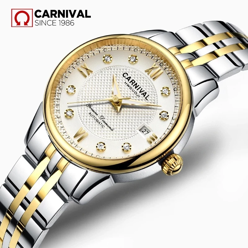 CARNIVAL Brand Ladies Fashion Gold Automatic Watch Women Waterproof Luxury Luminous Mechanical Wristwatch Clock Relogio Feminino