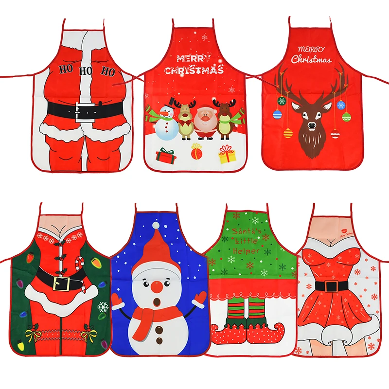 

Christmas Print Apron For Home Christmas Dinner Party Kitchen Cooking Baking Apron Decoration Accessories 2020 New Year Gift