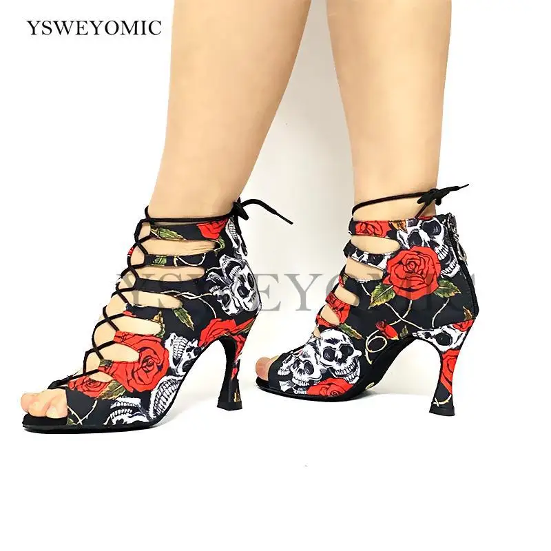 

2021 Newest Style Women Salsa Bachata Dance Shoes Girls Halloween Skull Red Color Suede Sole 9cm 10cm Latin Dance Shoes For Lady