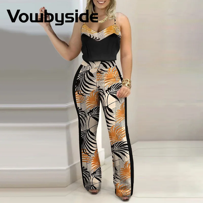 

Tropical Print Colorblock Spaghetti Strap Wide Leg Jumpsuits Women Casual Summer Rompers One Piece Overalls