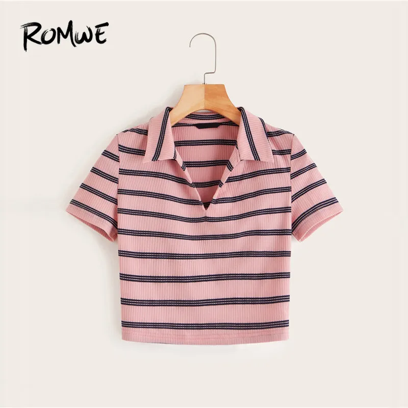 Romwe Sport Collared футболка в полоску с v-образным вырезом, женская летняя укороченная футболка с короткими рукавами, спортивные топы для бега, облегающая спортивная одежда