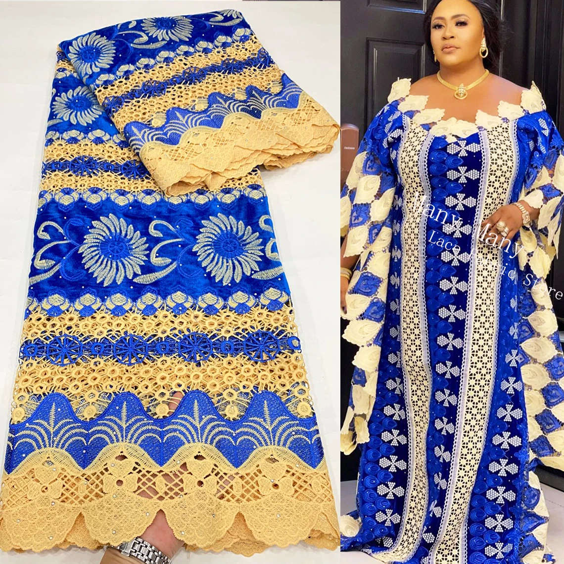 Royal Blue African Velvet Lace With Stones 2021 High Quality Cotton Cord Fabrics Dry Lace Ankara Wedding Bride Party Material