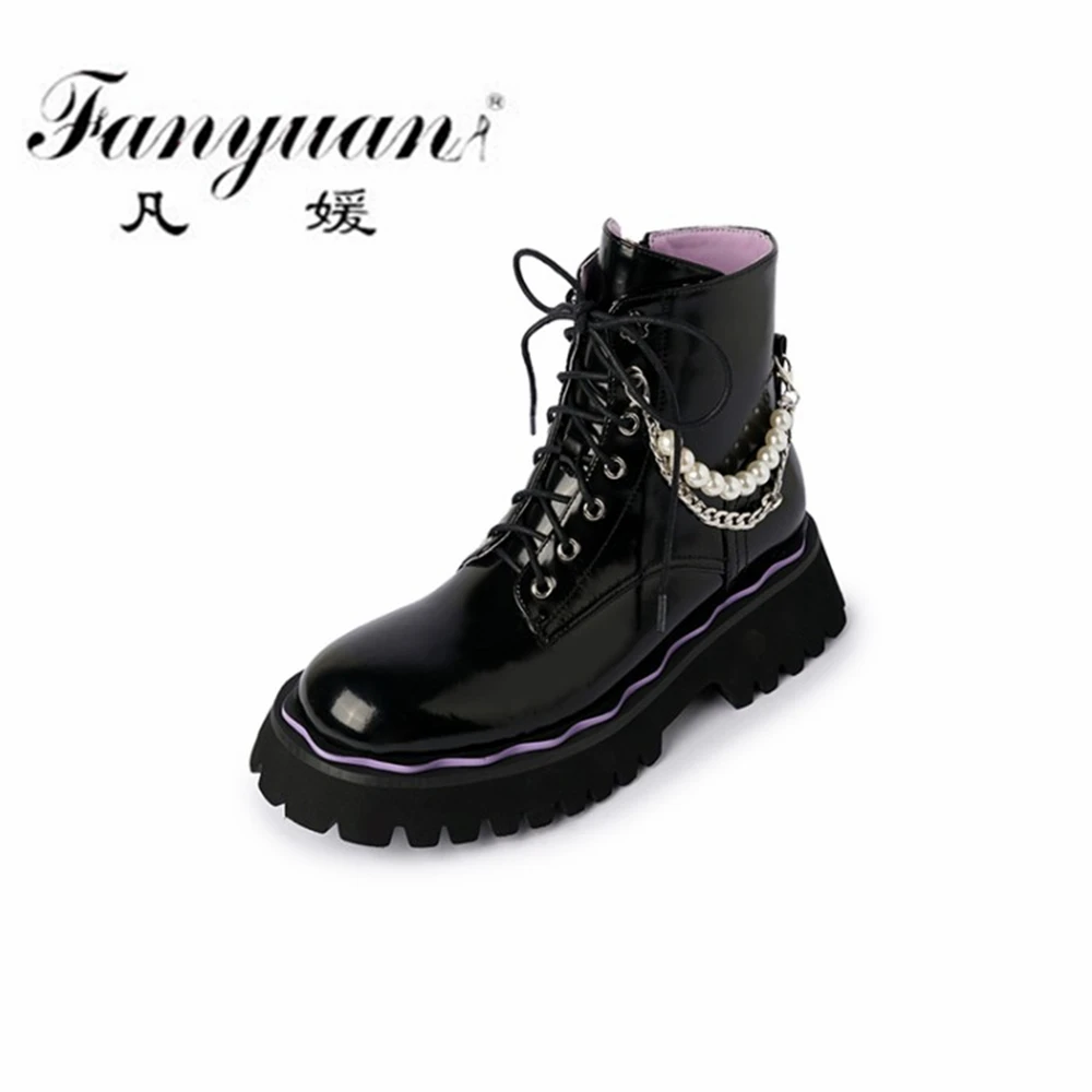 

Fanyuan Lace-Up Casual Women Motorcycle Ankle Boots Autumn Winter Punk String Bead Chain Low Heels Genuine Leather Shoes Woman
