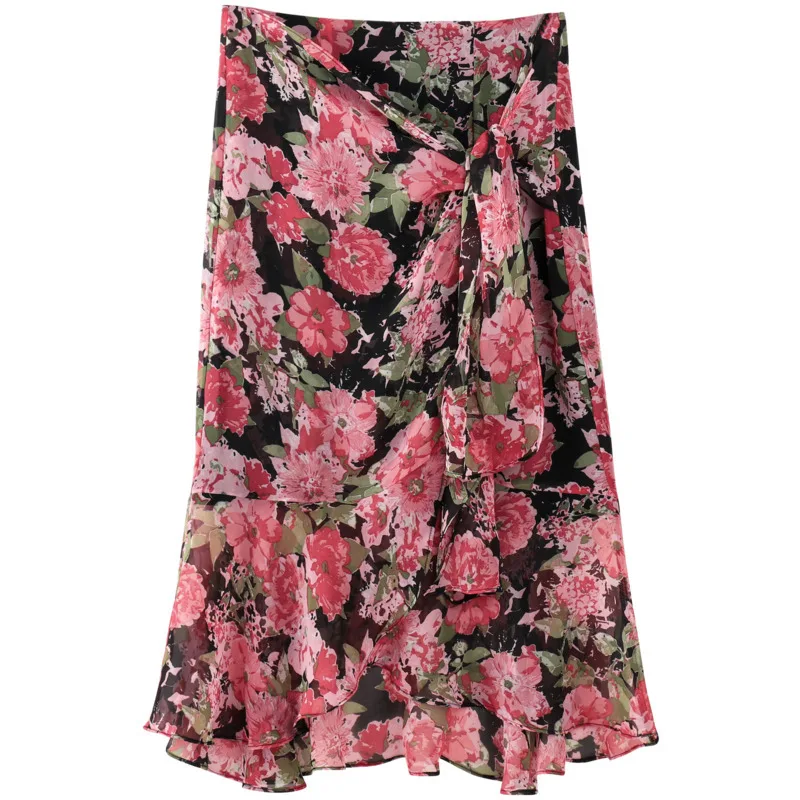 

New summer dress printing high waist band split flowing skirts