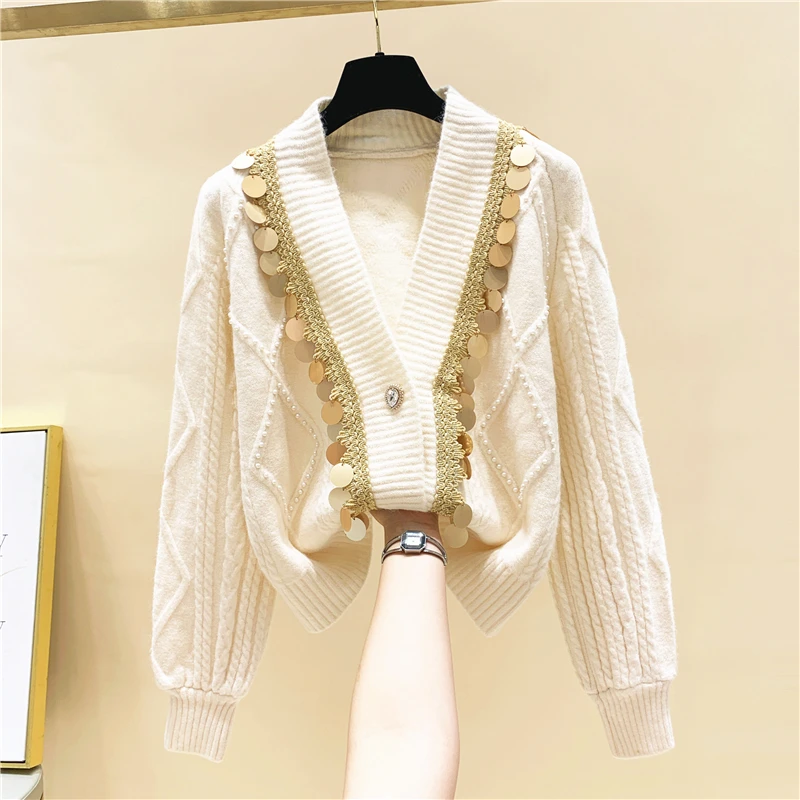 

Женский короткий вязаный кардиган, утепленный жакет с V-образным вырезом и блестками, Осень-зима 2020