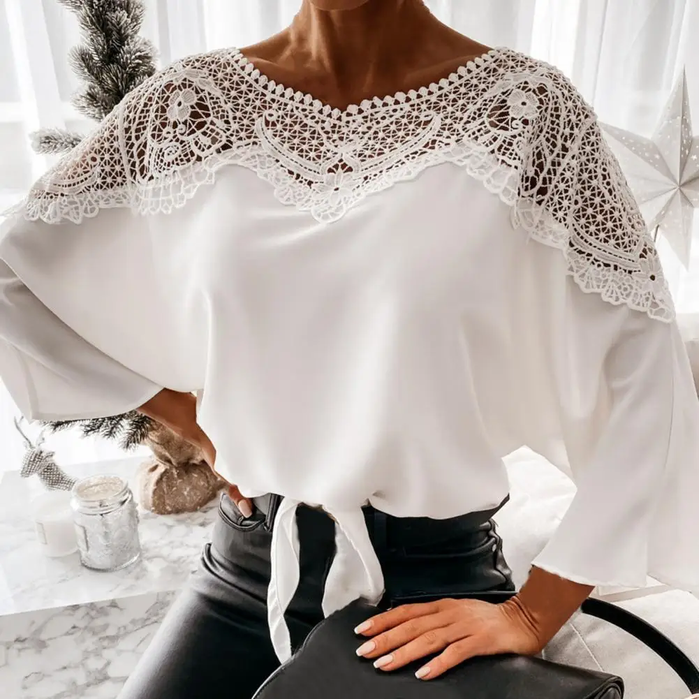

Spring Lace Patchwork Batwing Sleeve Women Blouse Solid O-neck Hollow Out Backless Women's Shirt Summer Elegant Lady Blouses Top