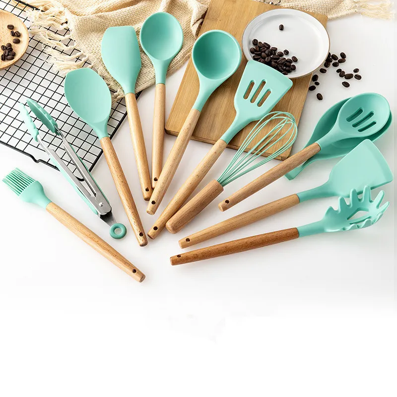 silicone cooking tools set spatula shovel spoon with wooden handle practical kitchen cooking utensilsx kitchenware cocina gadget free global shipping
