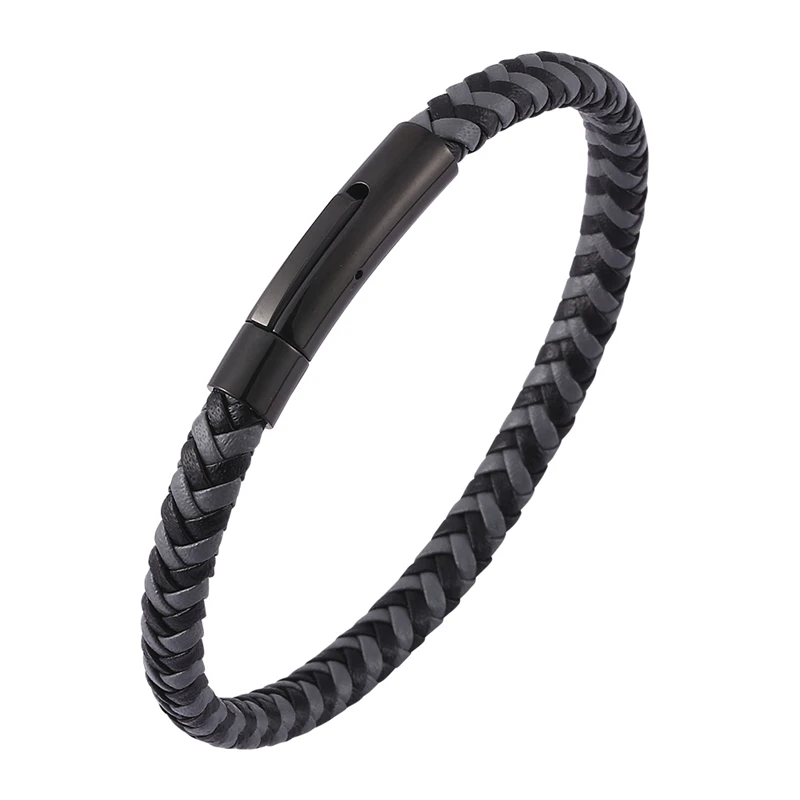 Простой ювелирный плетеный кожаный браслет унисекс черного и серого цвета для