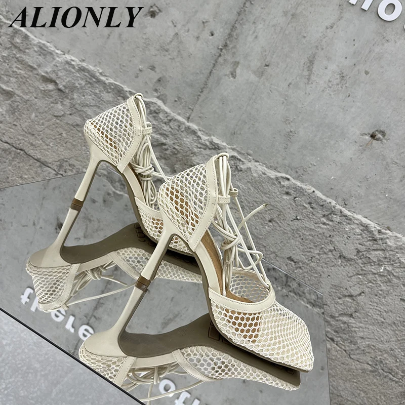 

Женские сетчатые туфли-лодочки Alionly, летние туфли на высоком квадратном каблуке-шпильке со шнуровкой и перекрестной шнуровкой, 2023