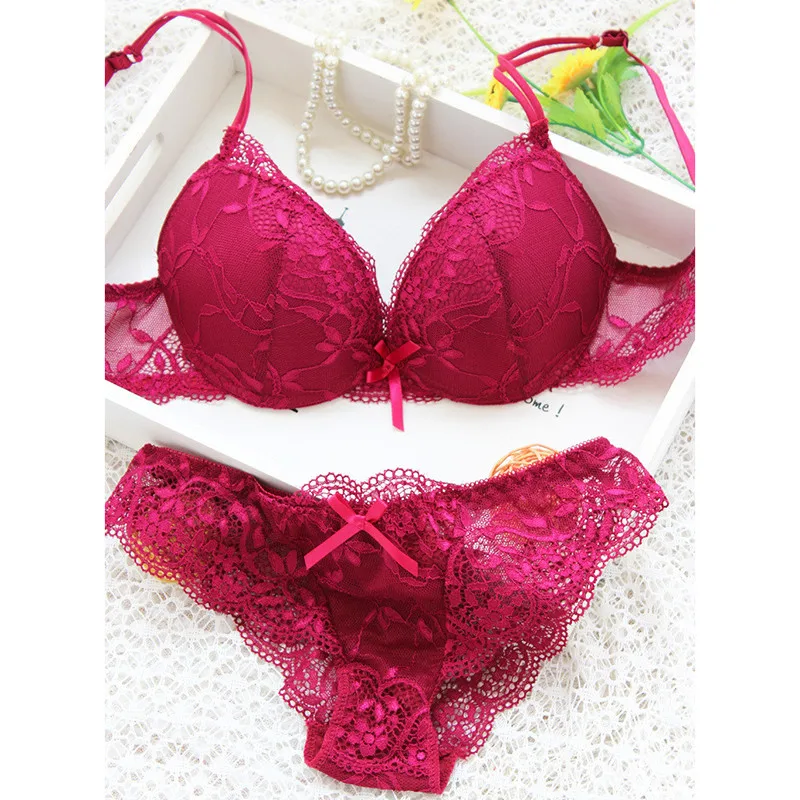 GAOKE Sexy 3/4 Cup Lace Bra Set Women Push Up Bra Set Sexy Lace Briefs Lingerie Underwear Set 5 Colors