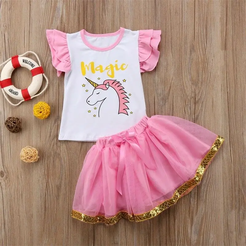 Футболка с единорогом для маленьких девочек + розовая кружевная юбка пачка 2