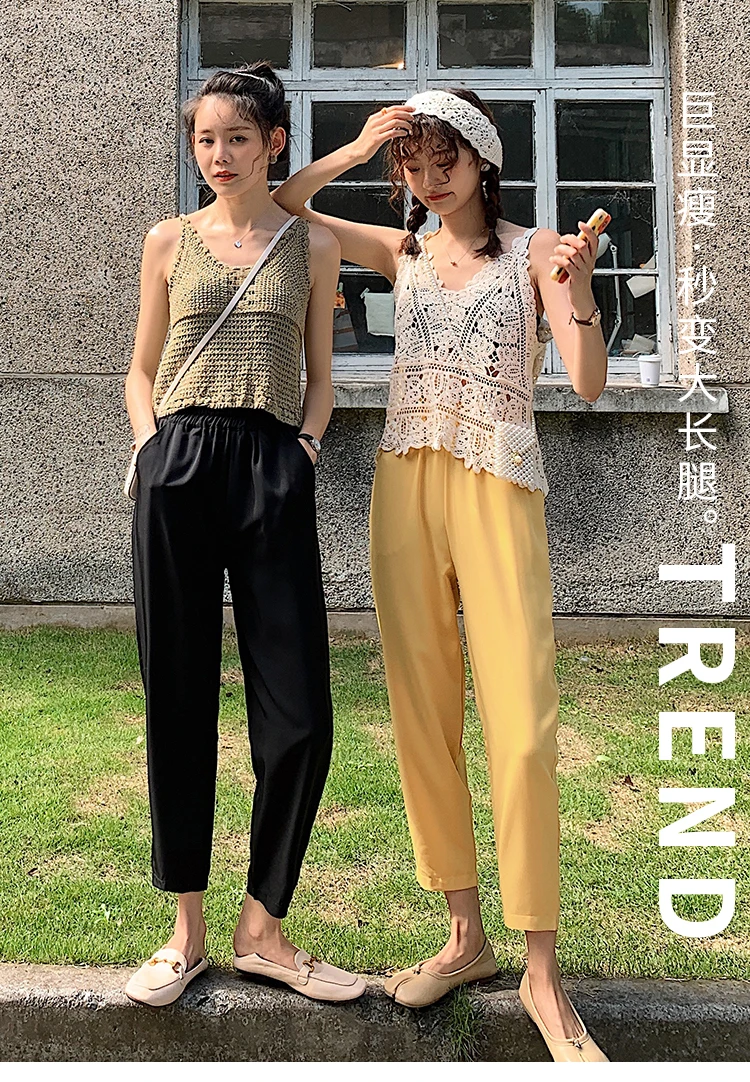 

Ice Silk Cigarette Pants Female Summer High Waist 2020 New Cropped Pants Slimming Loose Drooping Thin Ankle-Tied Suit Pants