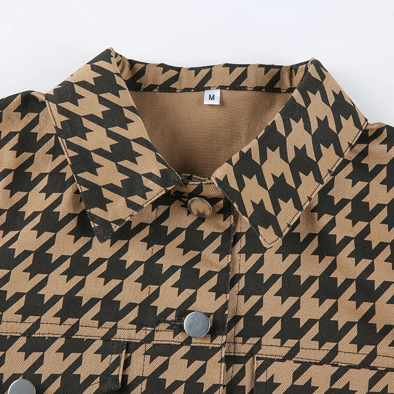 

Houndstooth Plaid Vintage Cropped Jacket Women Elegant Casual Autumn Coat Ladies Button Turn Down Collar Overcoat