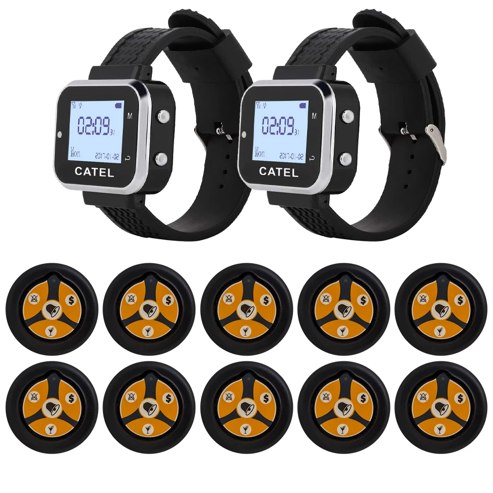 CATEL 10 Button 2 Watch Wireless Calling System Call Button Transmitter Paging Pager for Restaurant Waiter Service Bell Buzzer