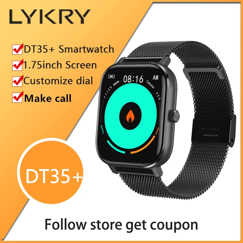 

Смарт-часы LYKRY DT35 + для мужчин и женщин, сенсорный экран 1,75 дюйма, Bluetooth-совместимый вызов, IP67, DT35 plus, часы с ЭКГ, пульсометром, PK p8 plus Y20
