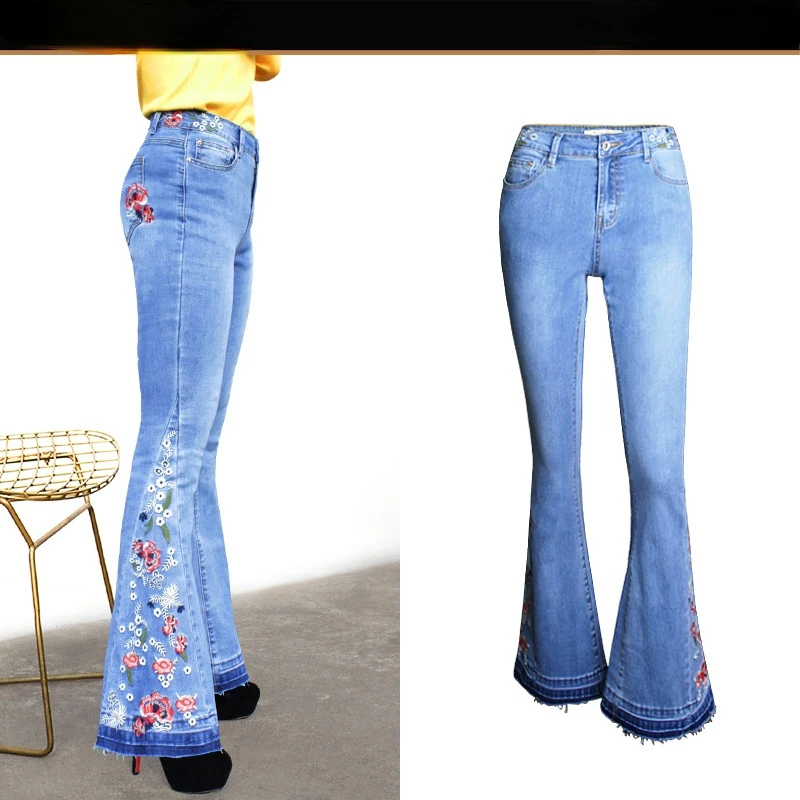 

Women's wide legged pants jeans flare pants women embroidery pants indie clothes aesthetic jeans Embroidery Full Length pants