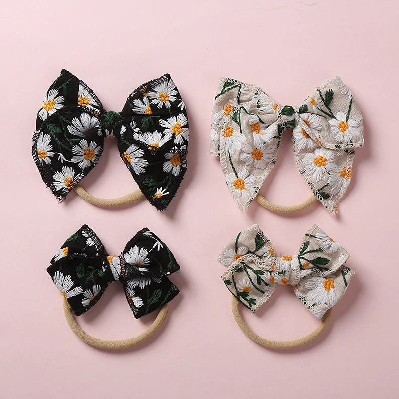 

Daisy Baby Girl Headband Embroidery Bow Headbands For Children Princess Hair Accessories Infant Nylon Hairband Cotton Linen Band