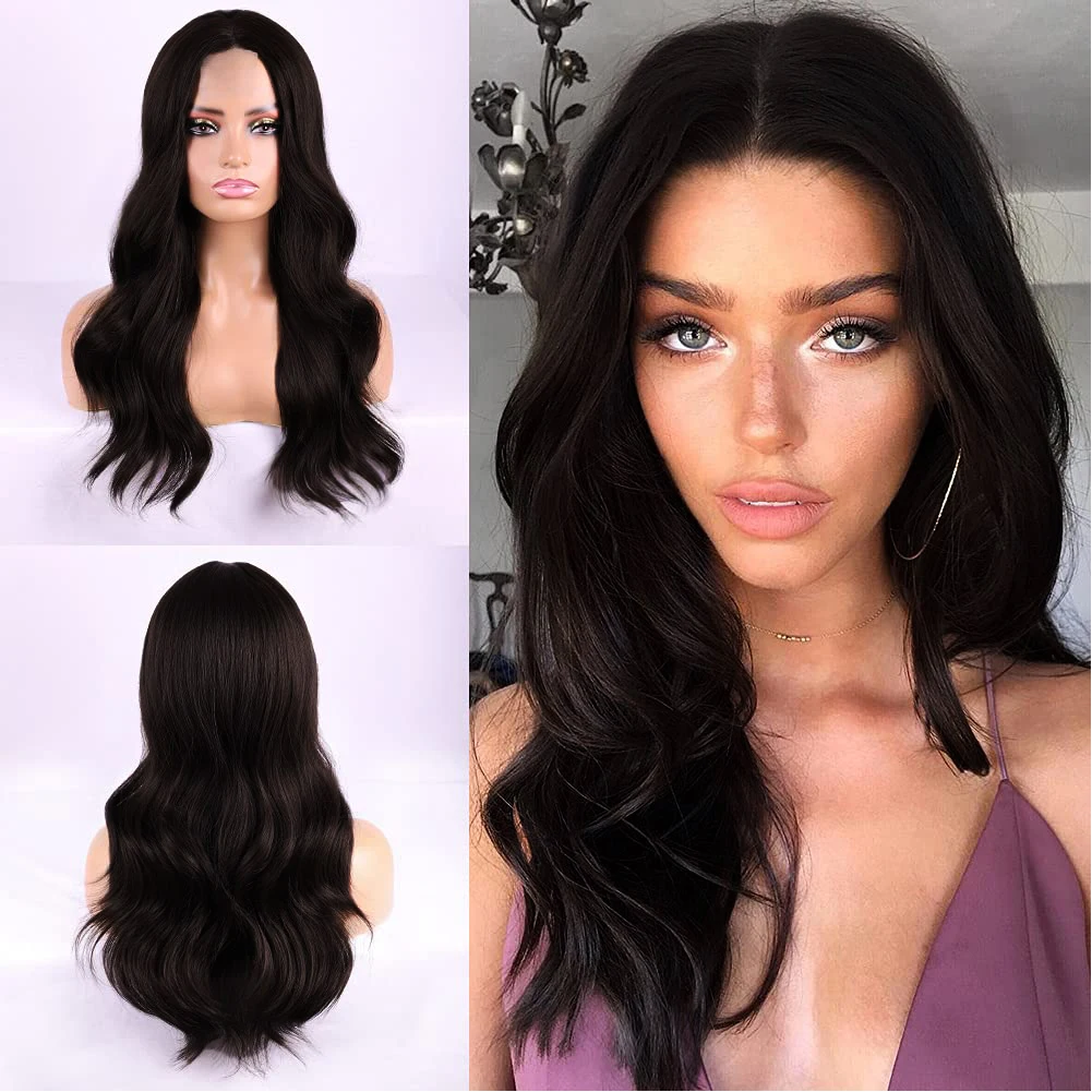 

Websterwigs, длинный, свободный, волнистый, фронтальный парик, средний, коричневый, термостойкий, волосы из волокна, черный, парик для косплея для ...
