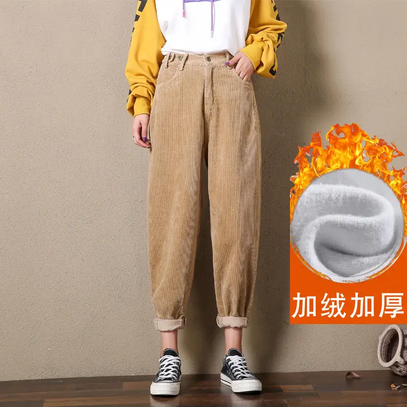 Beige yellow velvet Винтажные вельветовые брюки женские брюки свободные шаровары с высокой талией осенние зимние повседневные уличные штаны для мамы Pantalon Femme Q1924 - Цвет: Beige yellow velvet